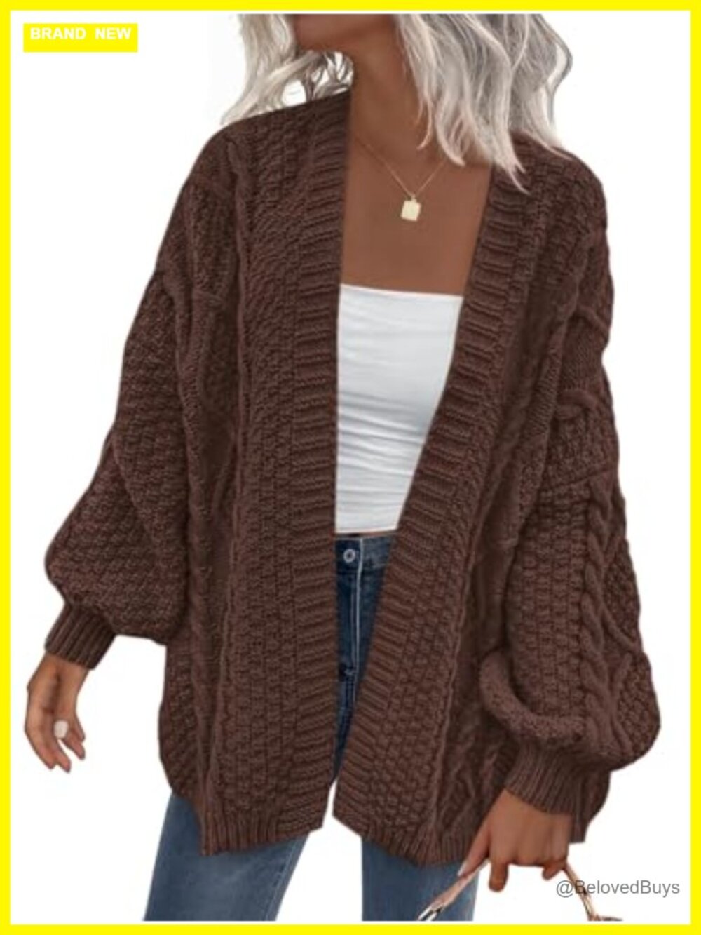 Cable Knit Open Front Chunky Cardigan Sweater Lantern Sleeve Oversized Women